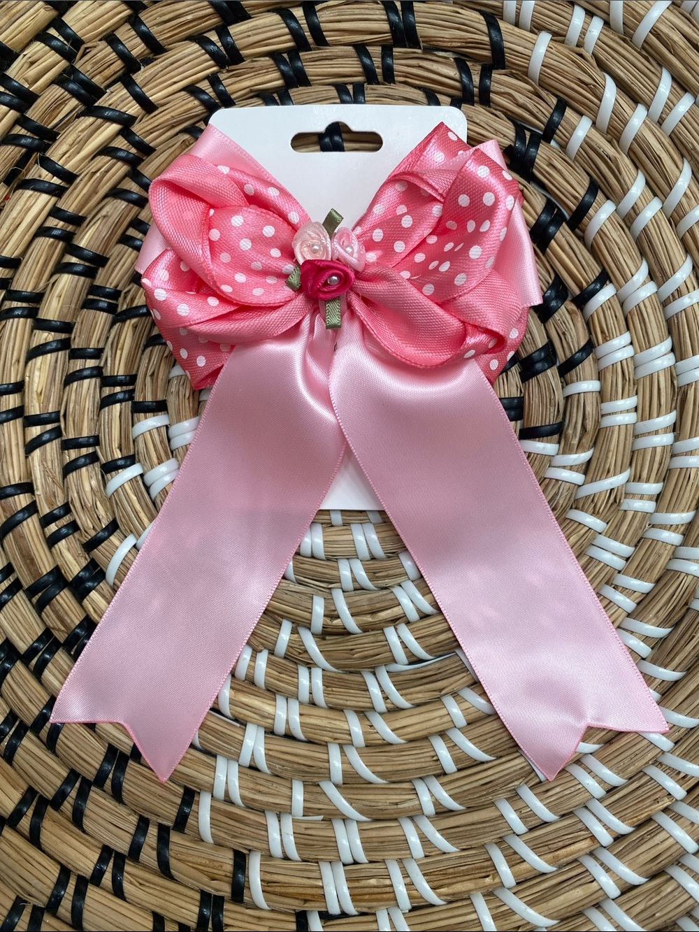 Pink Polka Dot Satin Bow Hair Clip